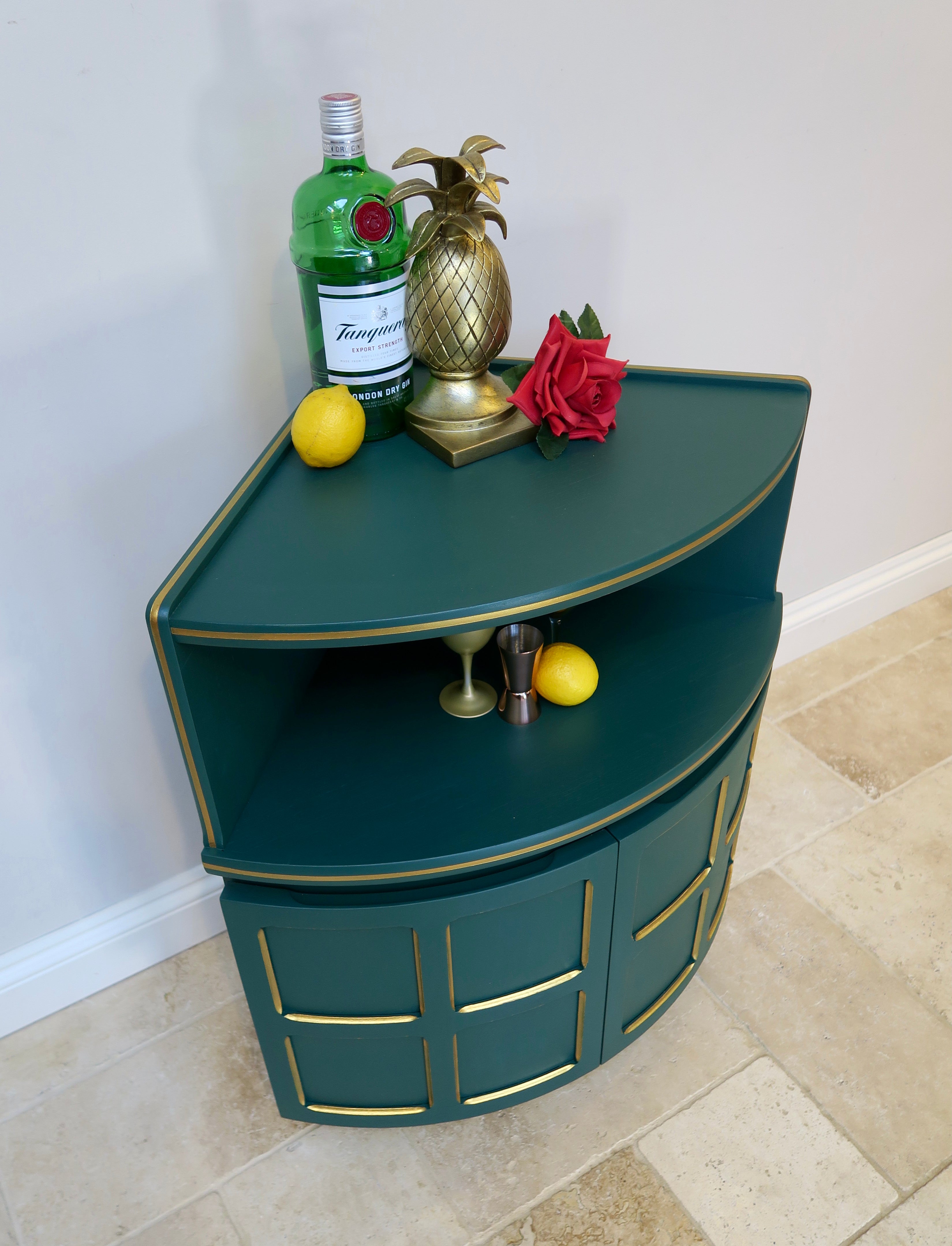 Green & Gold Mid Century Corner Drinks Cabinet