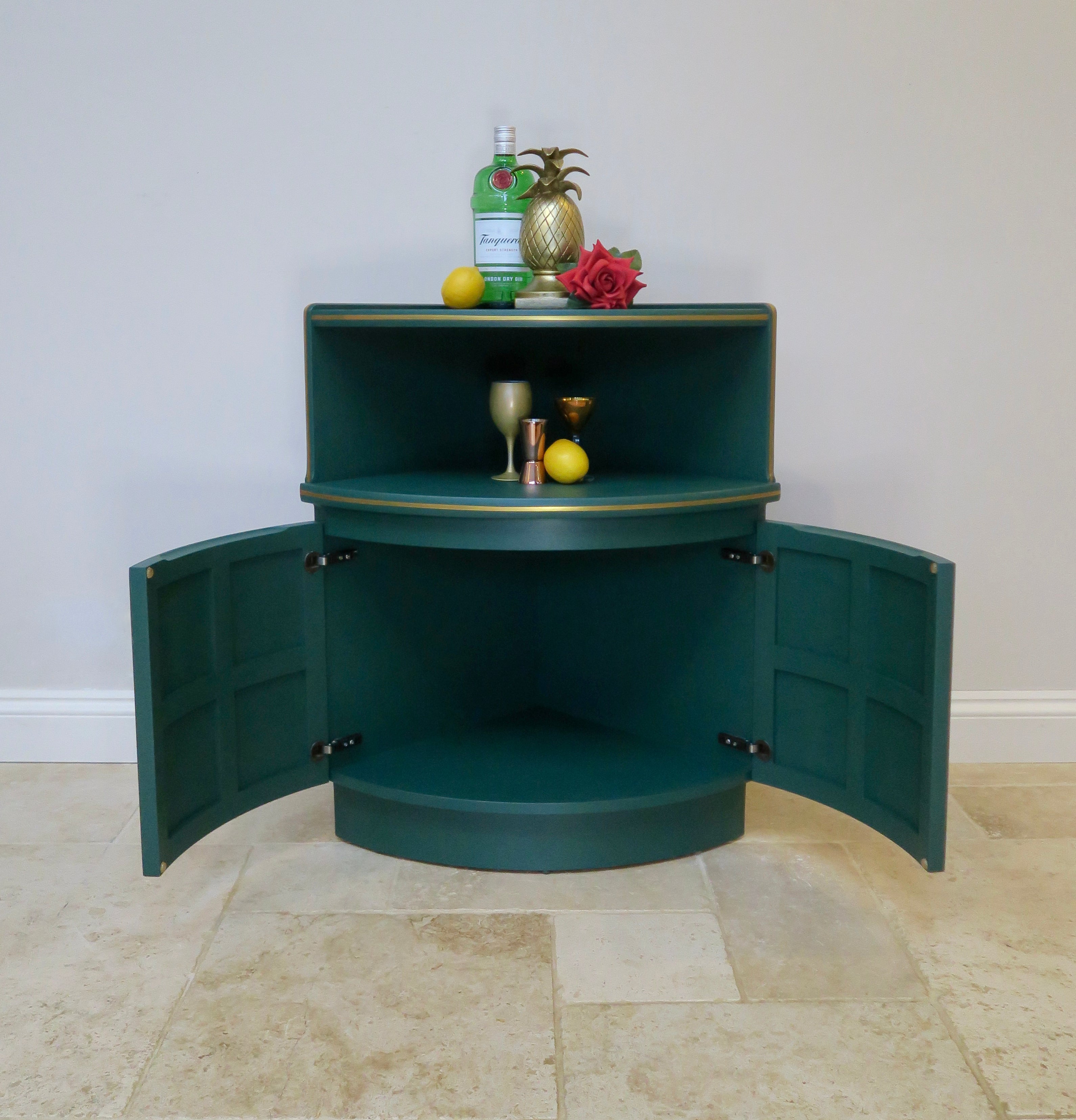 Green & Gold Mid Century Corner Drinks Cabinet