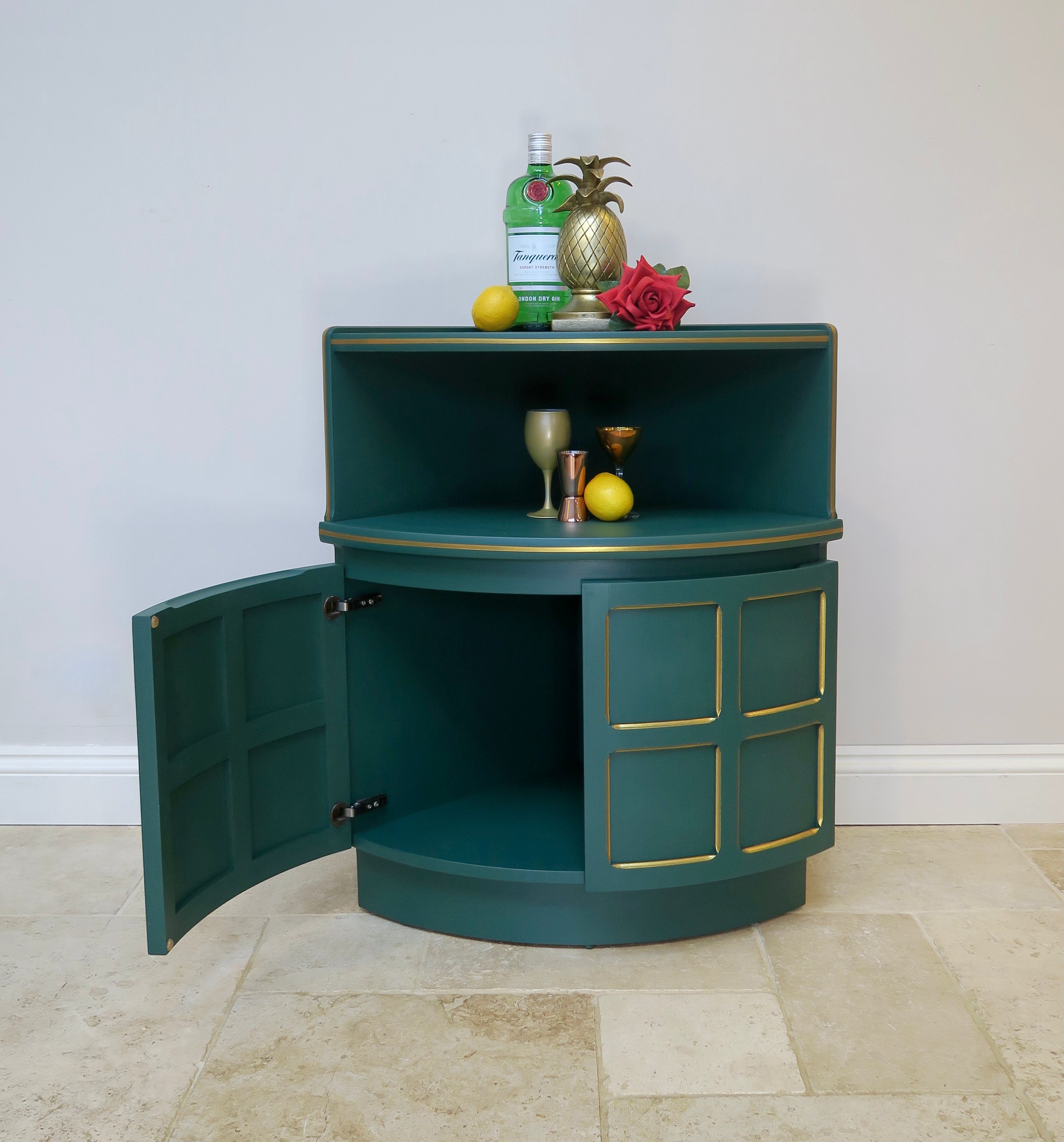 Green & Gold Mid Century Corner Drinks Cabinet