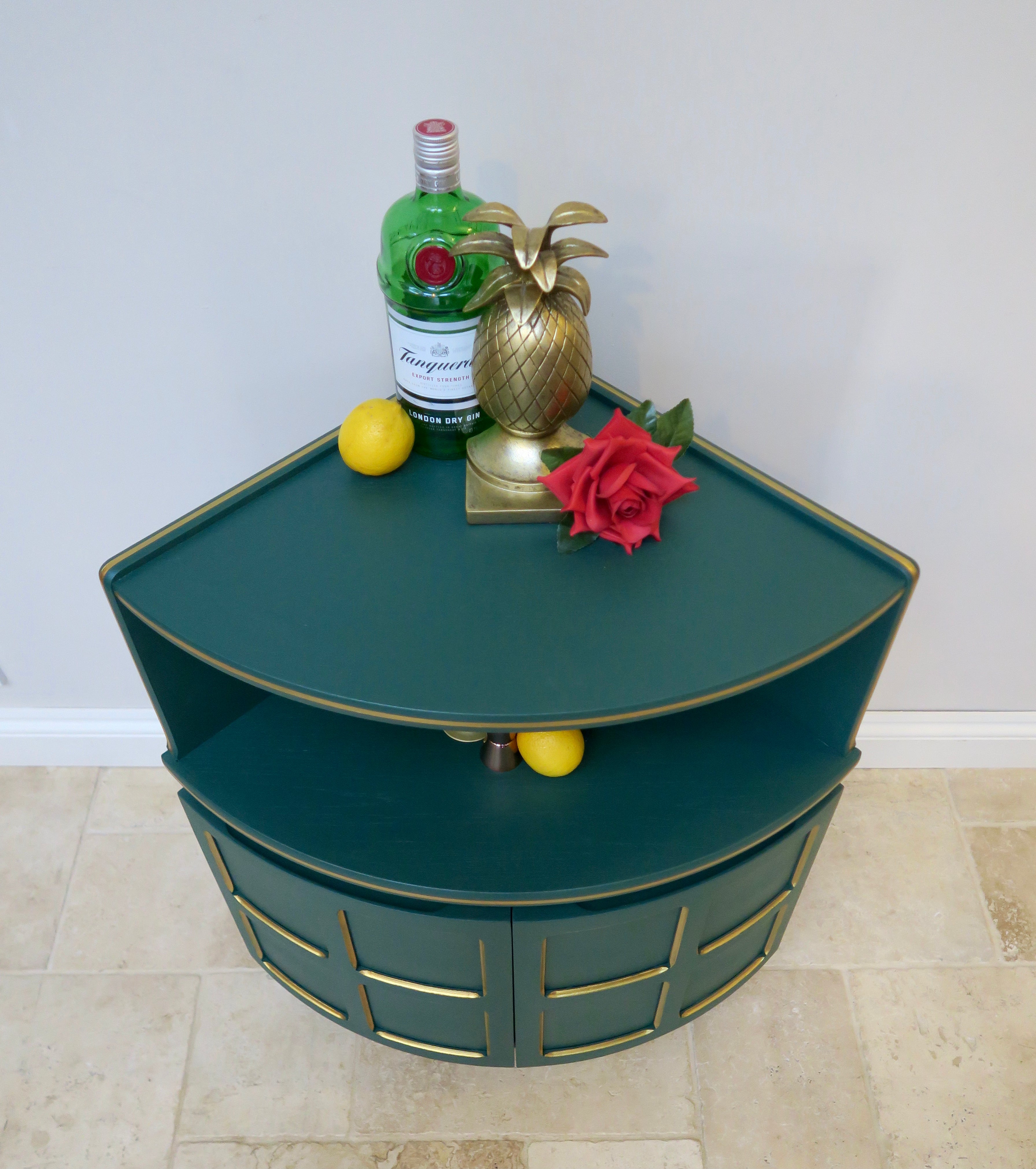 Green & Gold Mid Century Corner Drinks Cabinet