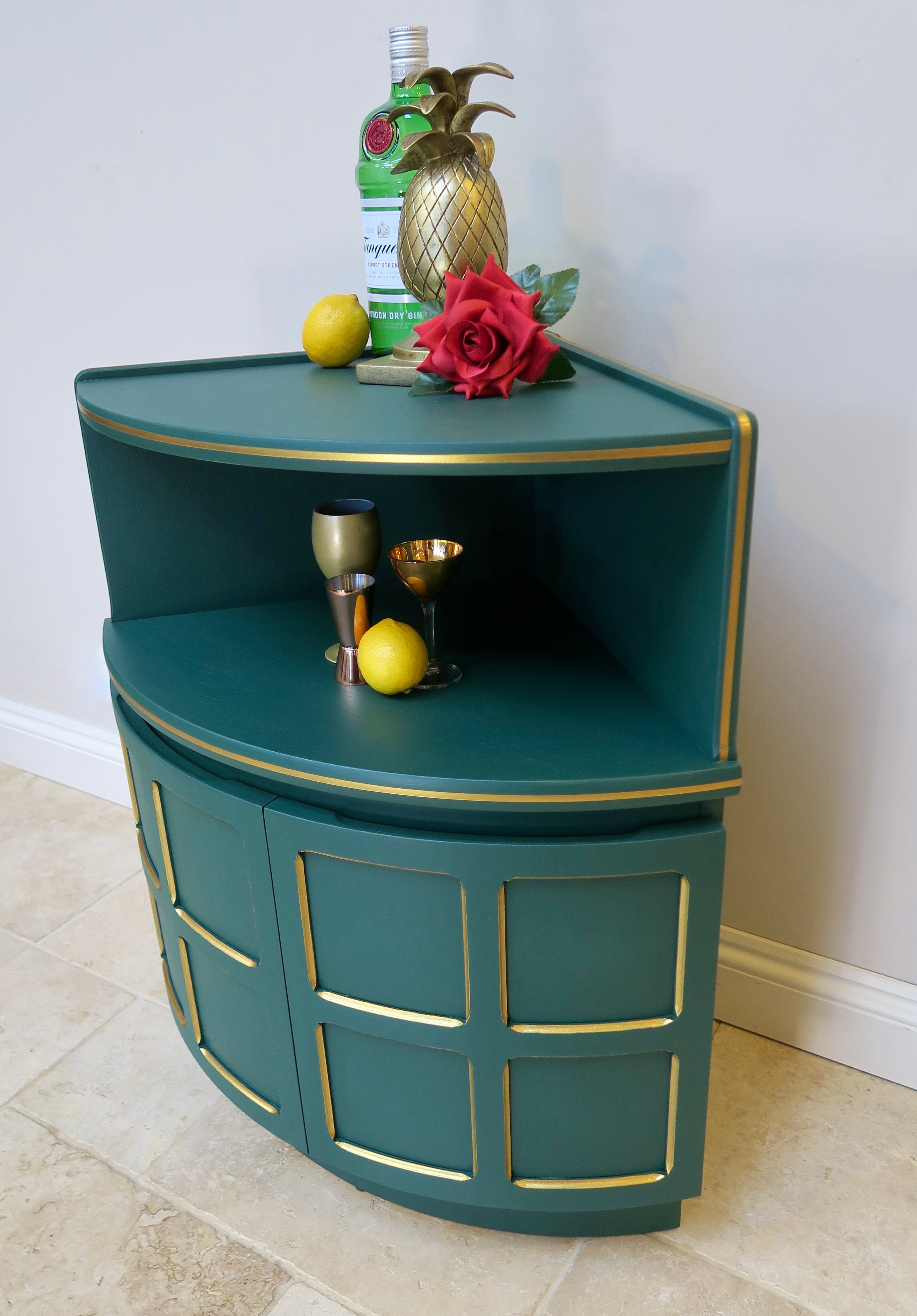 Green & Gold Mid Century Corner Drinks Cabinet