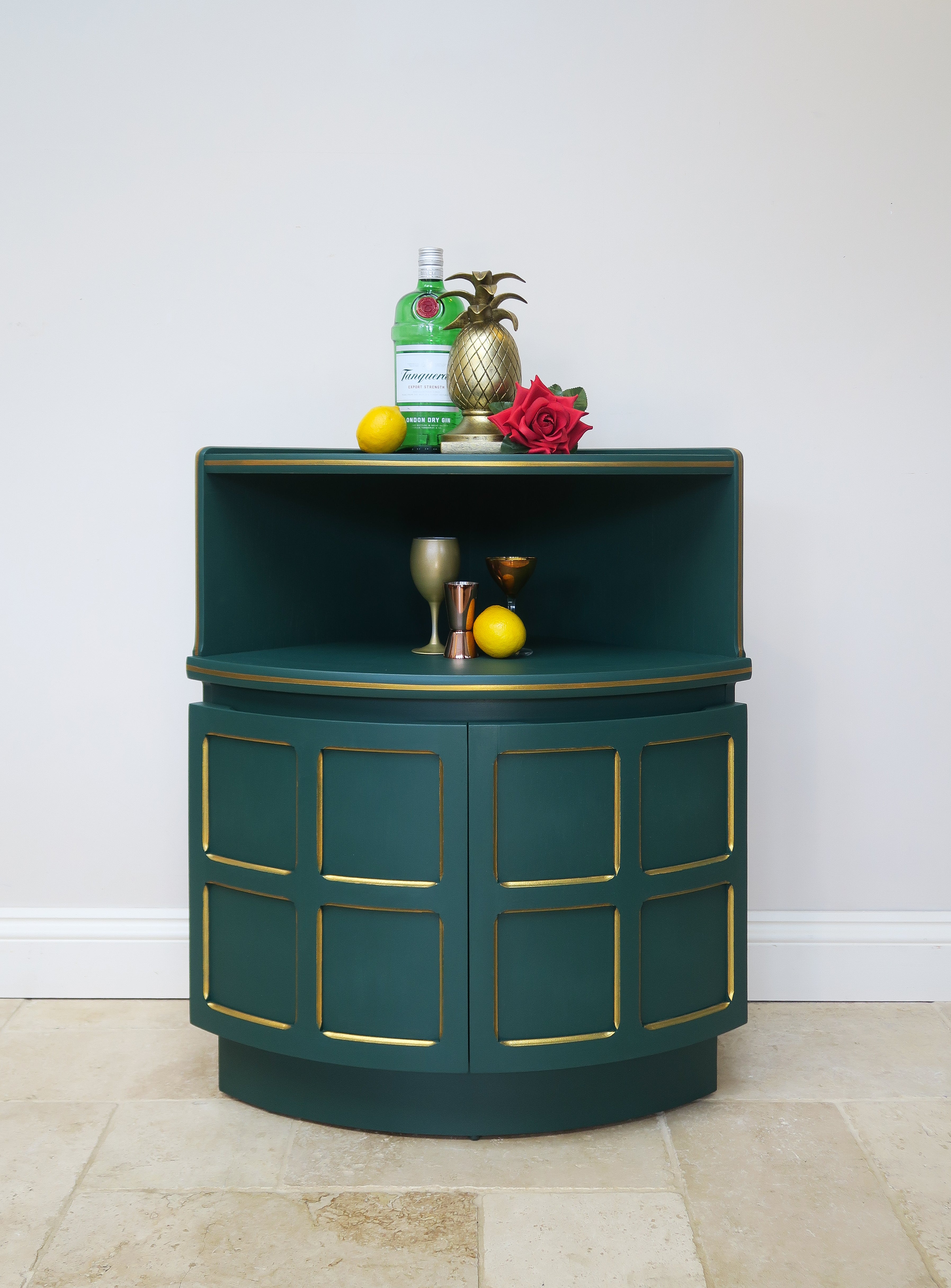 Green & Gold Mid Century Corner Drinks Cabinet